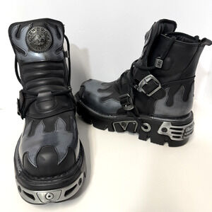 New Rock Reactor Fiery Flame Boots Sz 39 Black Leather Goth Biker Punk Platform